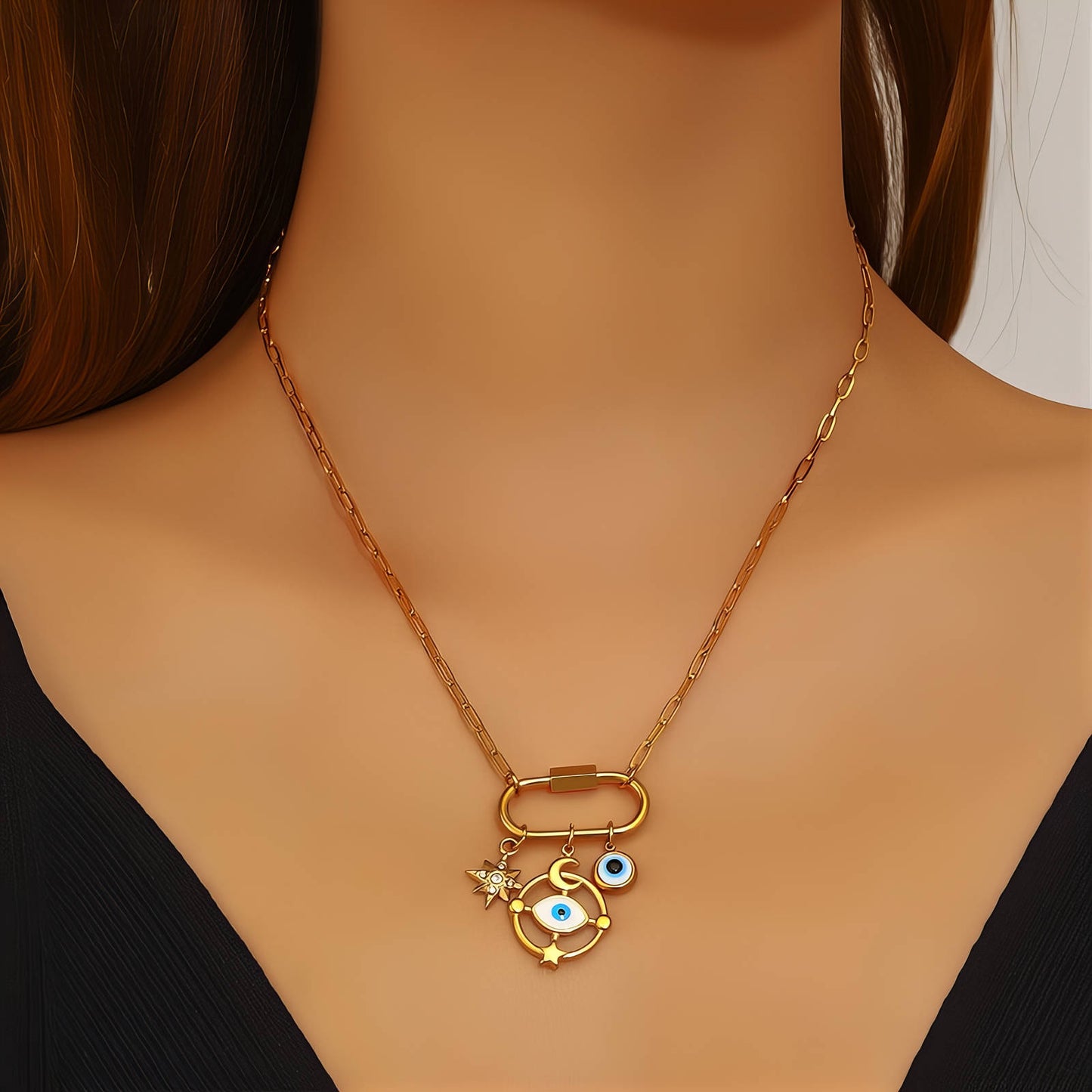 Evil Eyes Necklace, 18K Gold Plated Steel
