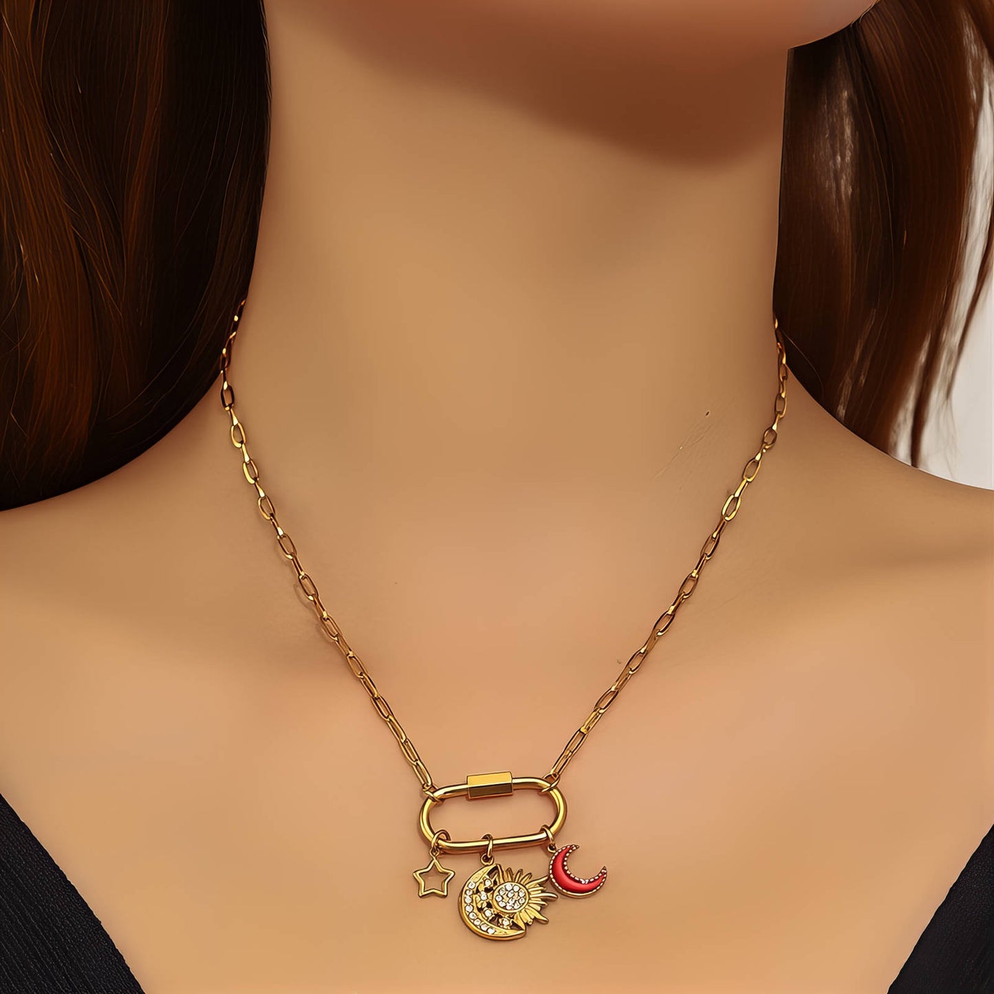 Crescent And Sun Necklace, 18K Gold Plated Steel