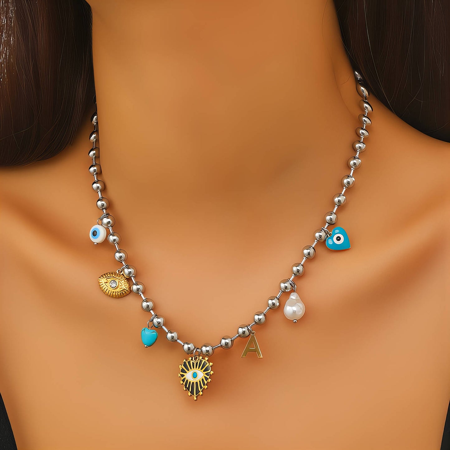 Evil Eyes Necklace, 18K Gold Plated Steel