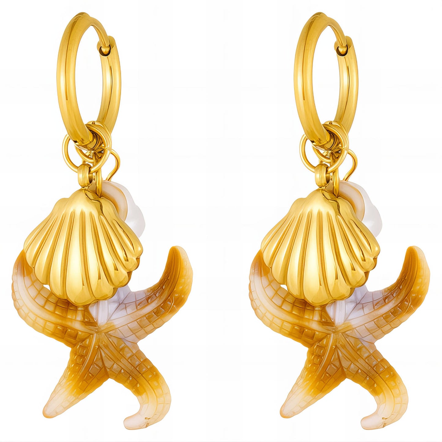 Starfish And Seashell Earrings, 18K Gold Plated Steel