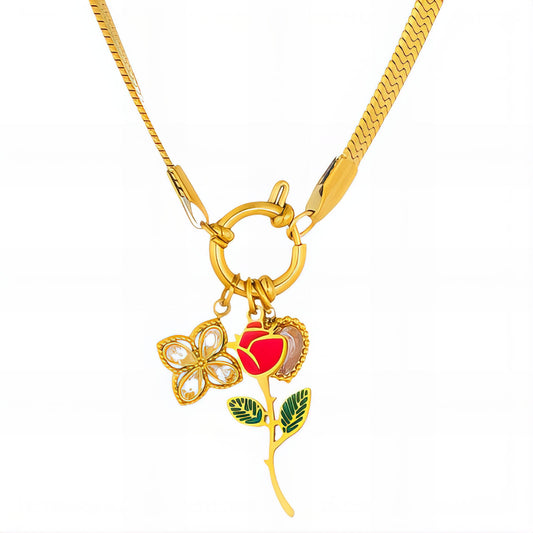 Flowers Necklace, 18K Gold Plated Steel