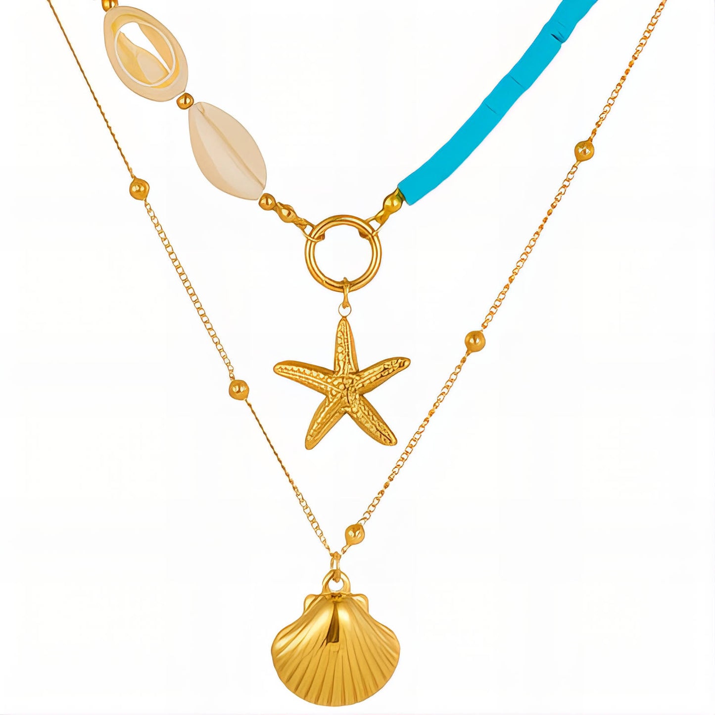 Starfish And Seashell Necklace, 18K Gold Plated Steel