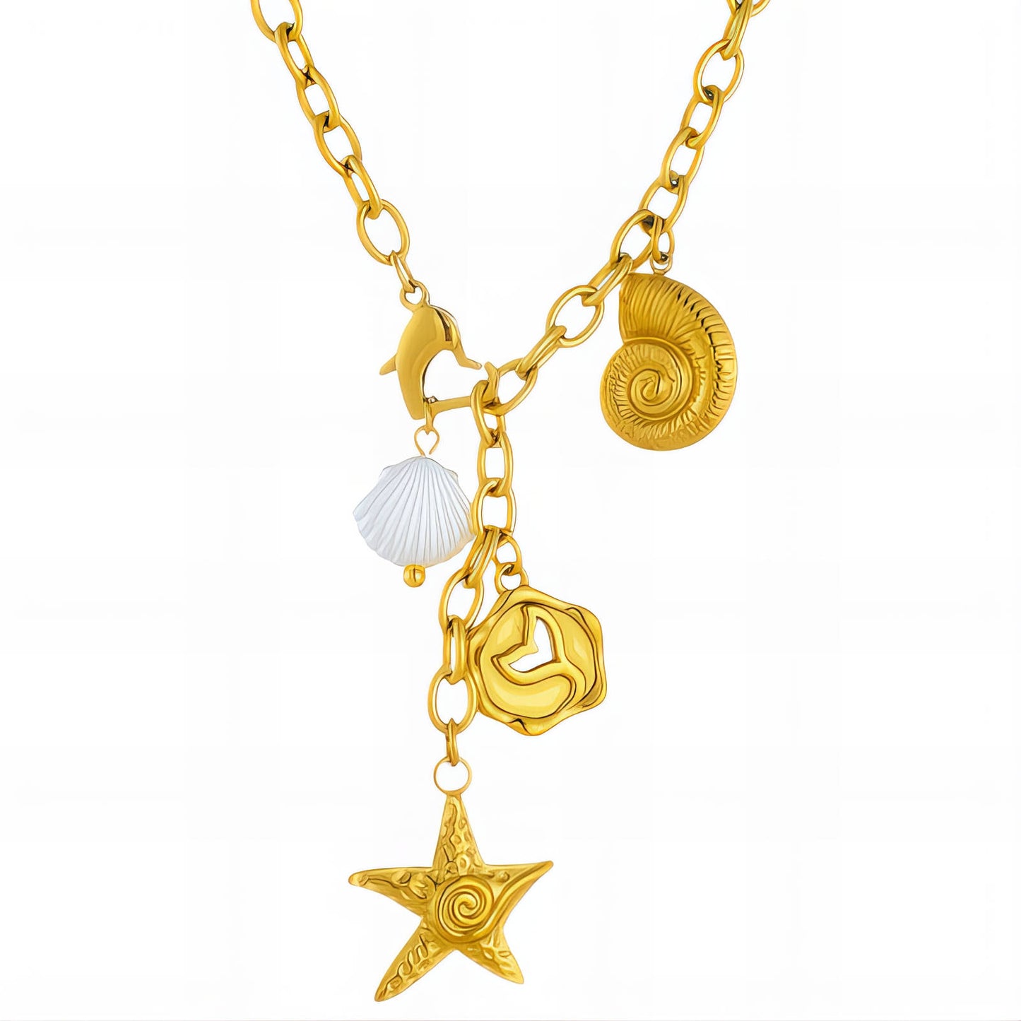 Starfish And Seashell Necklace, 18K Gold Plated Steel