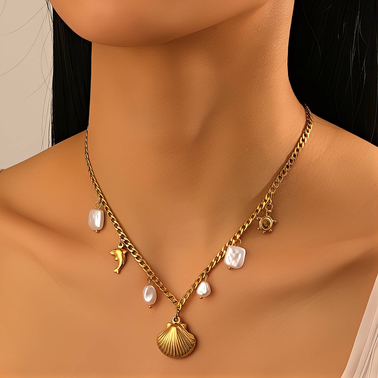 Seashell Necklace, 18K Gold Plated Steel