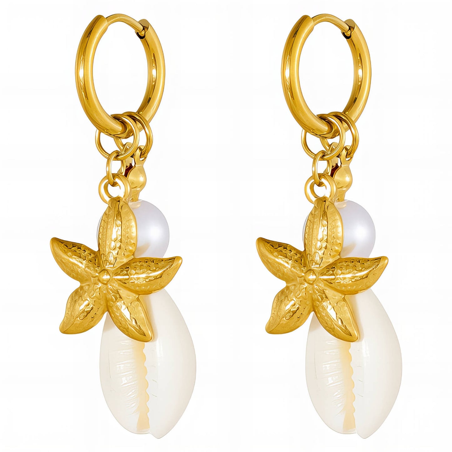 Starfish And Seashell Earrings, 18K Gold Plated Steel